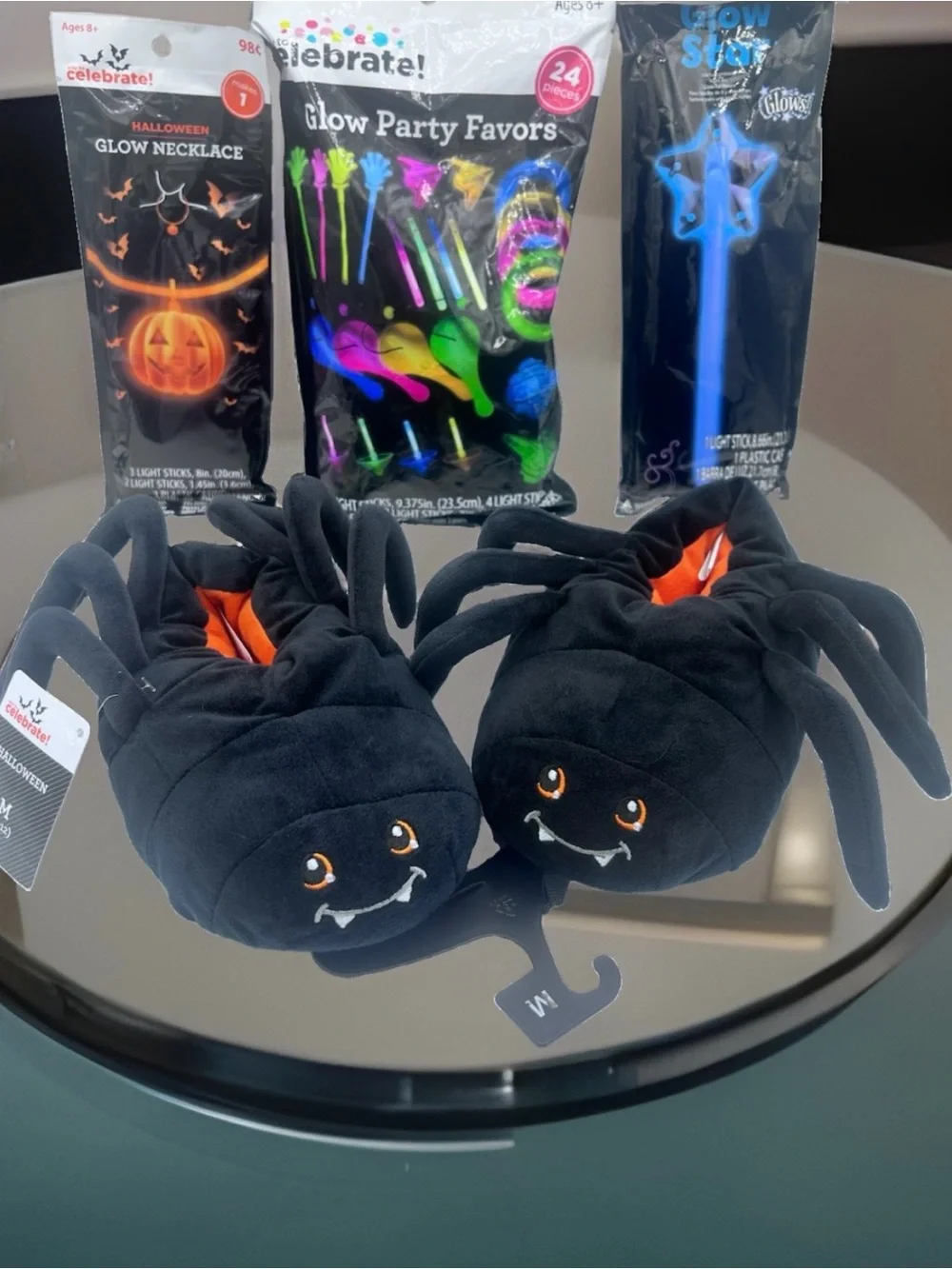 Celebrate Halloween Kids Black Spider Critter Slippers M (11-12) & Glow Toy Lot